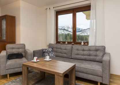 Apartament Sielanka - salon z sofą, fotelem i stolikiem kawowym